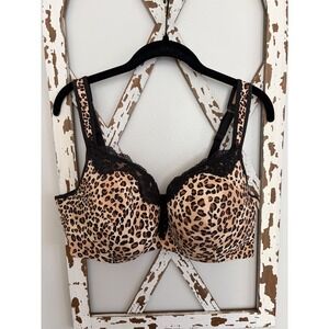Cacique Lace Trim Balconette Bra 42DD Underwire Animal Print Beige Black